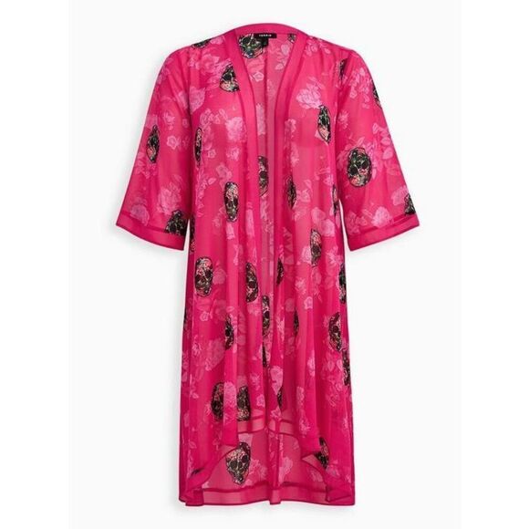 torrid Other - Torrid Swim Cover Up Chiffon Kimono Skulls Pink Plus Size